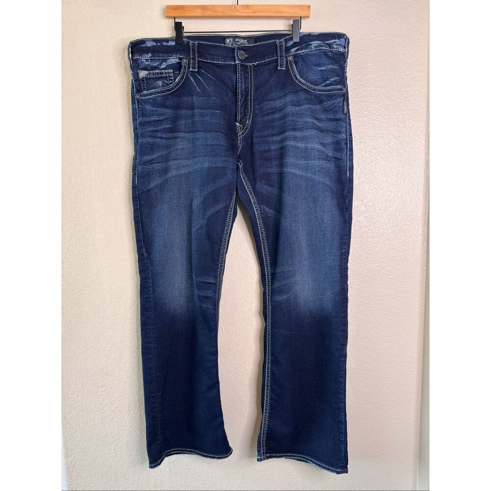 Silver Jeans Co Zac Jeans Dark Wash Whiskered Denim Men's 42x34 Straight Stretch